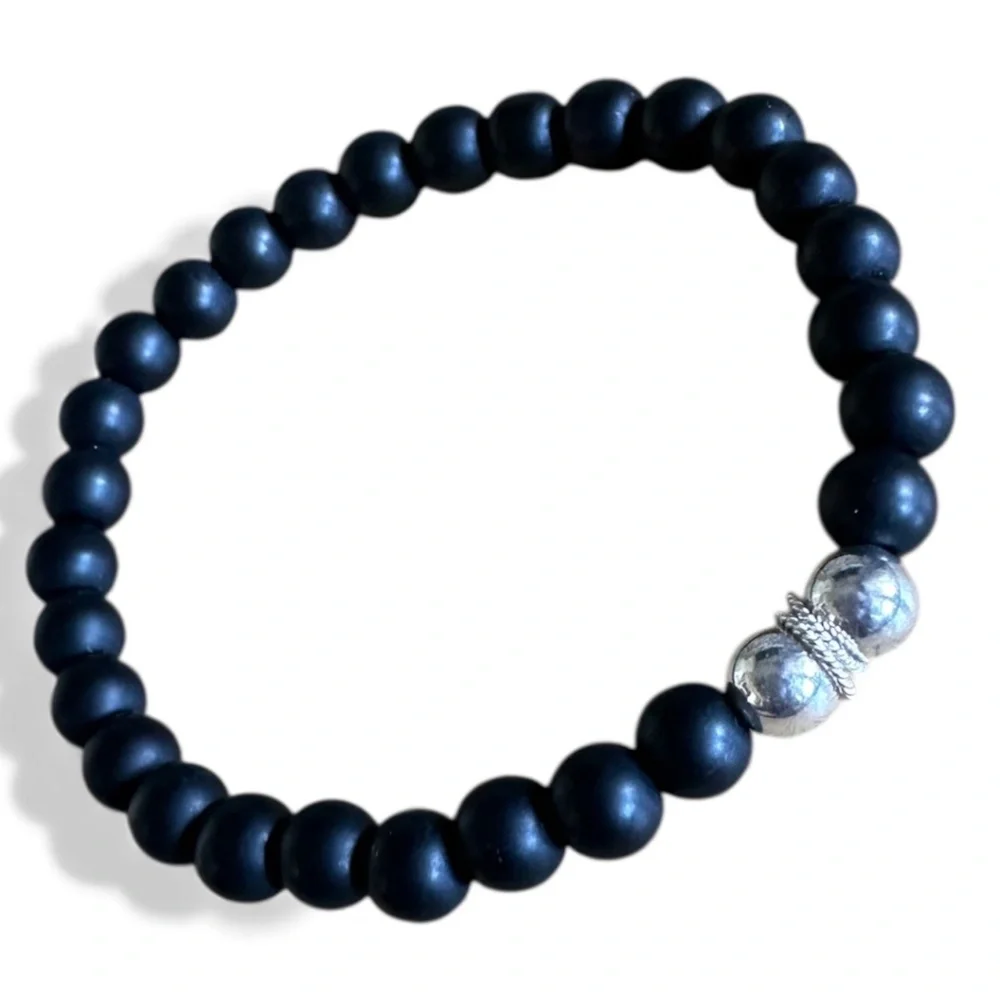 Matte 6mm Onyx Stretch Bracelet w/ Sterling Silver Spacer & Accents